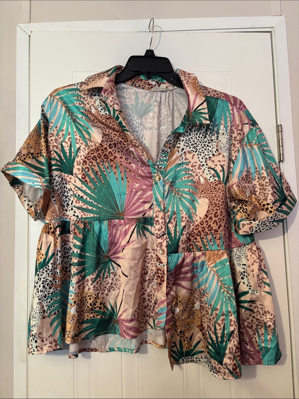 entro Tropical Palm & Leopard Peplum Blouse - Teal, Pink & Tan